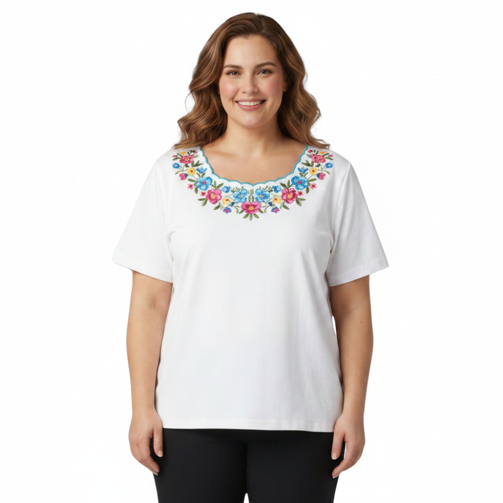 Scalloped Neckline Embellished Tee