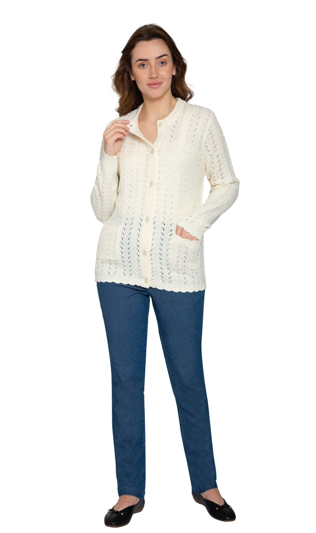Crochet Pointelle Button Front Cardigan