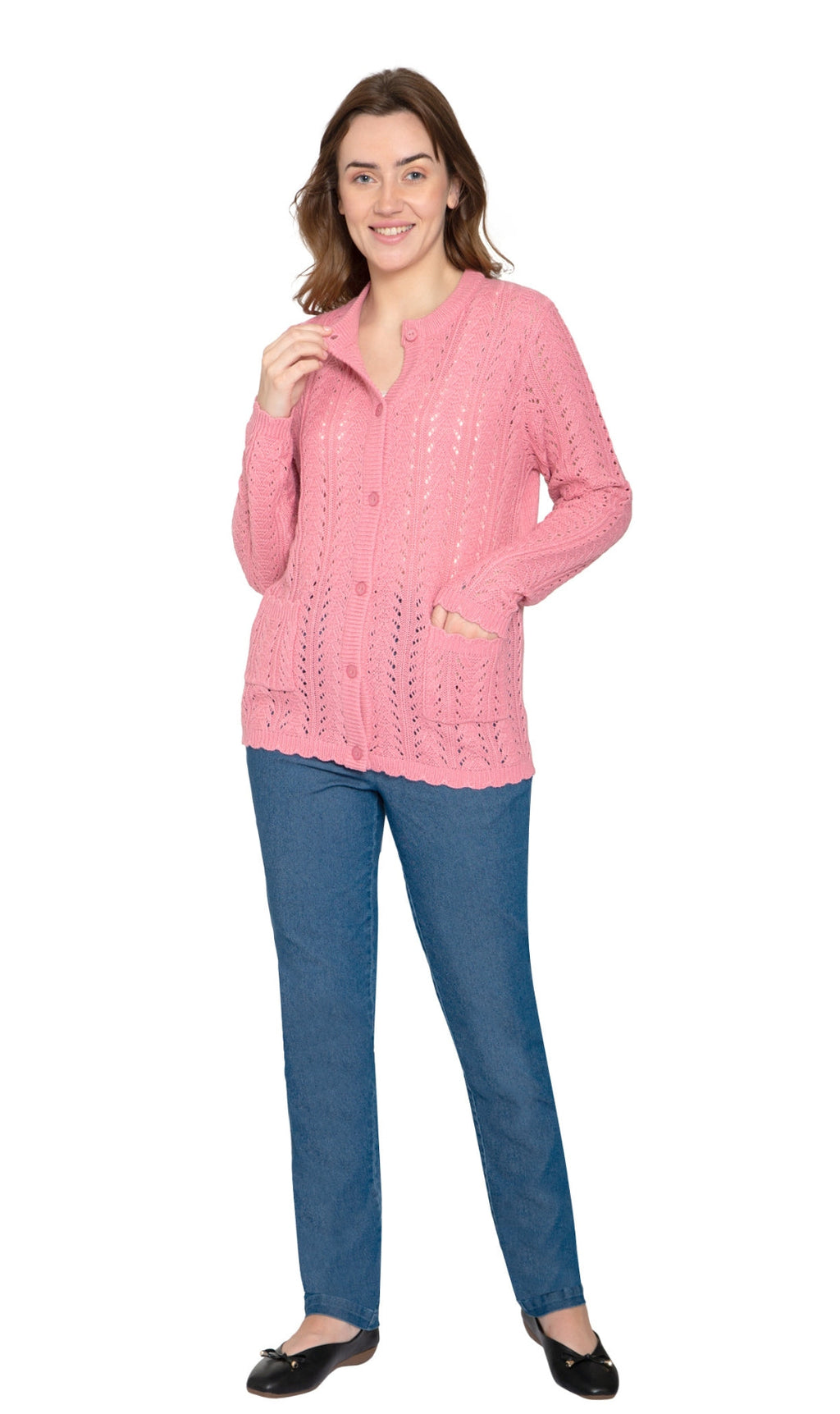 Crochet Pointelle Button Front Cardigan