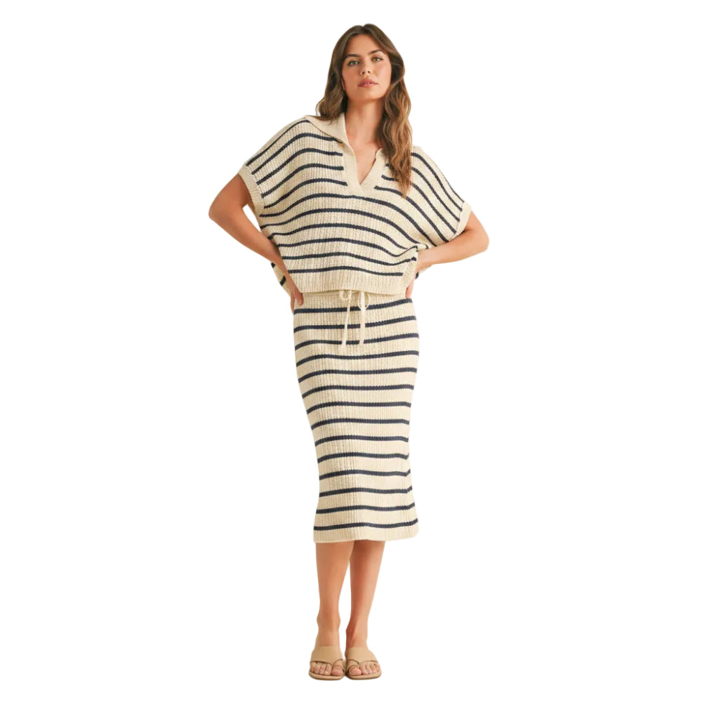 Navy Stripe Collared Short Sleeve Top