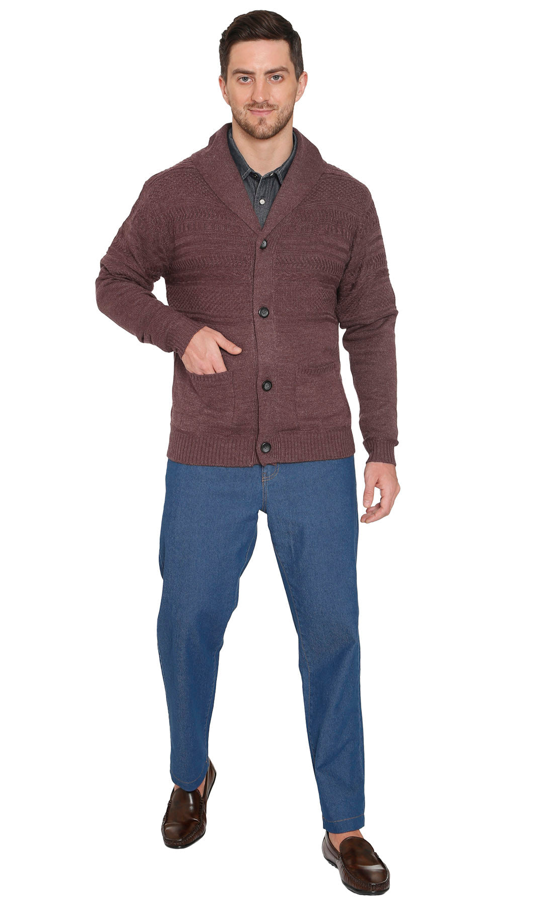 Jacquard Knit Shawl Collar Cardigan