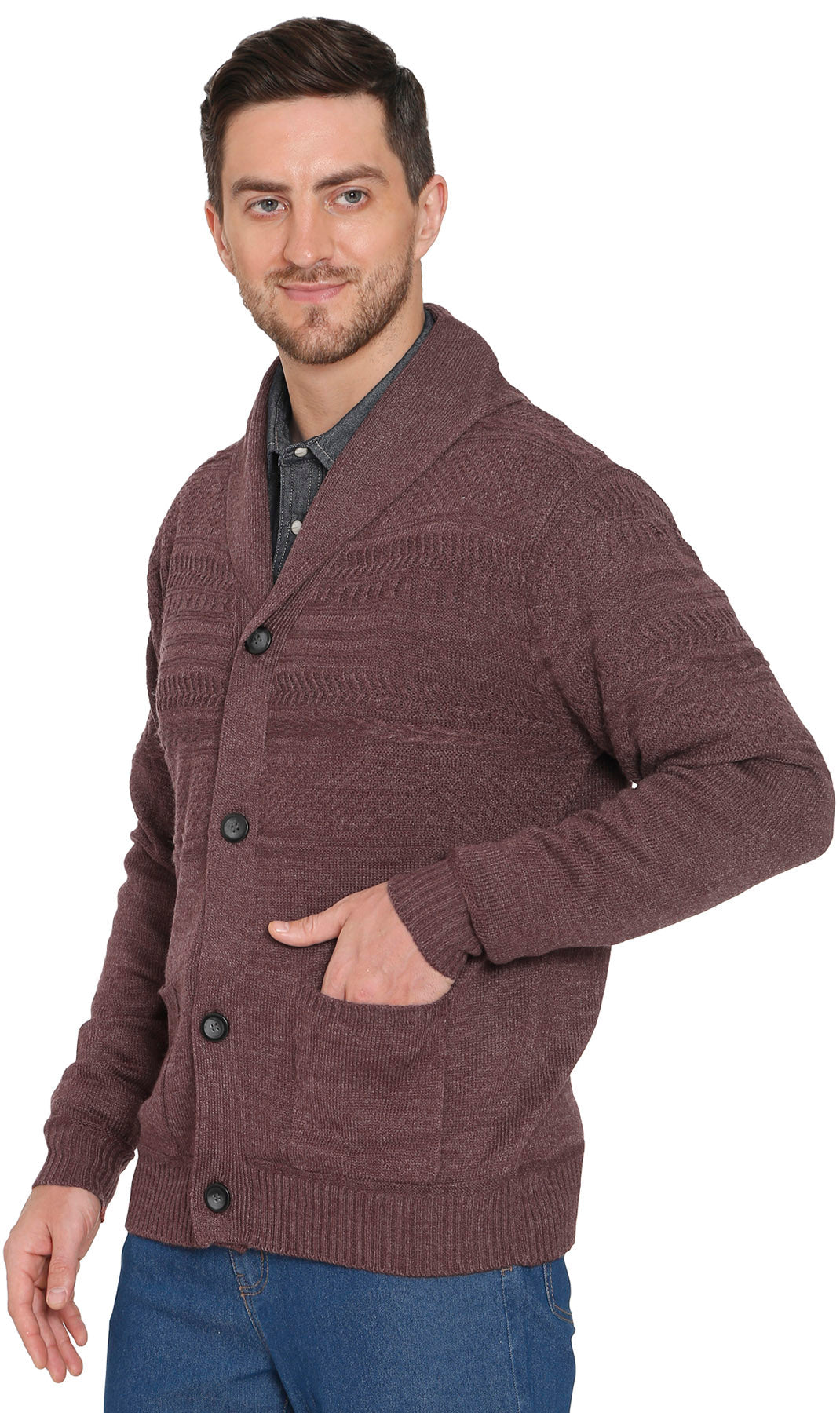 Jacquard Knit Shawl Collar Cardigan