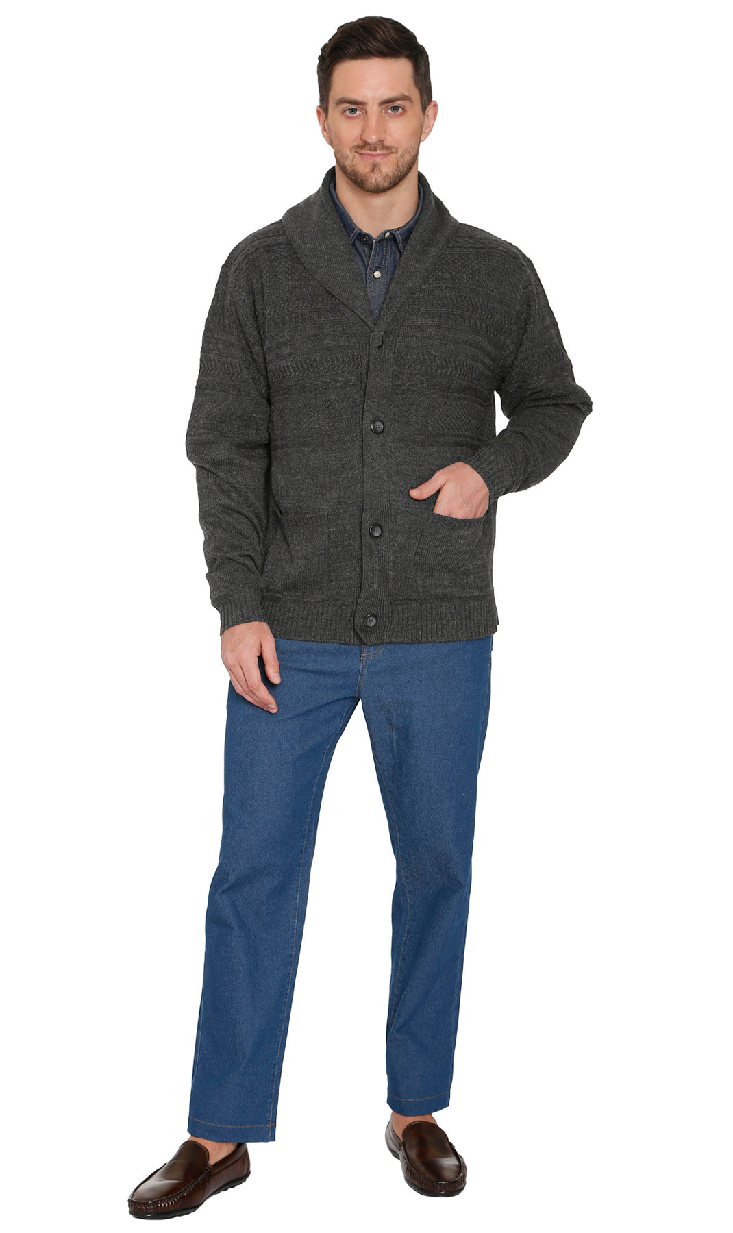 Jacquard Knit Shawl Collar Cardigan