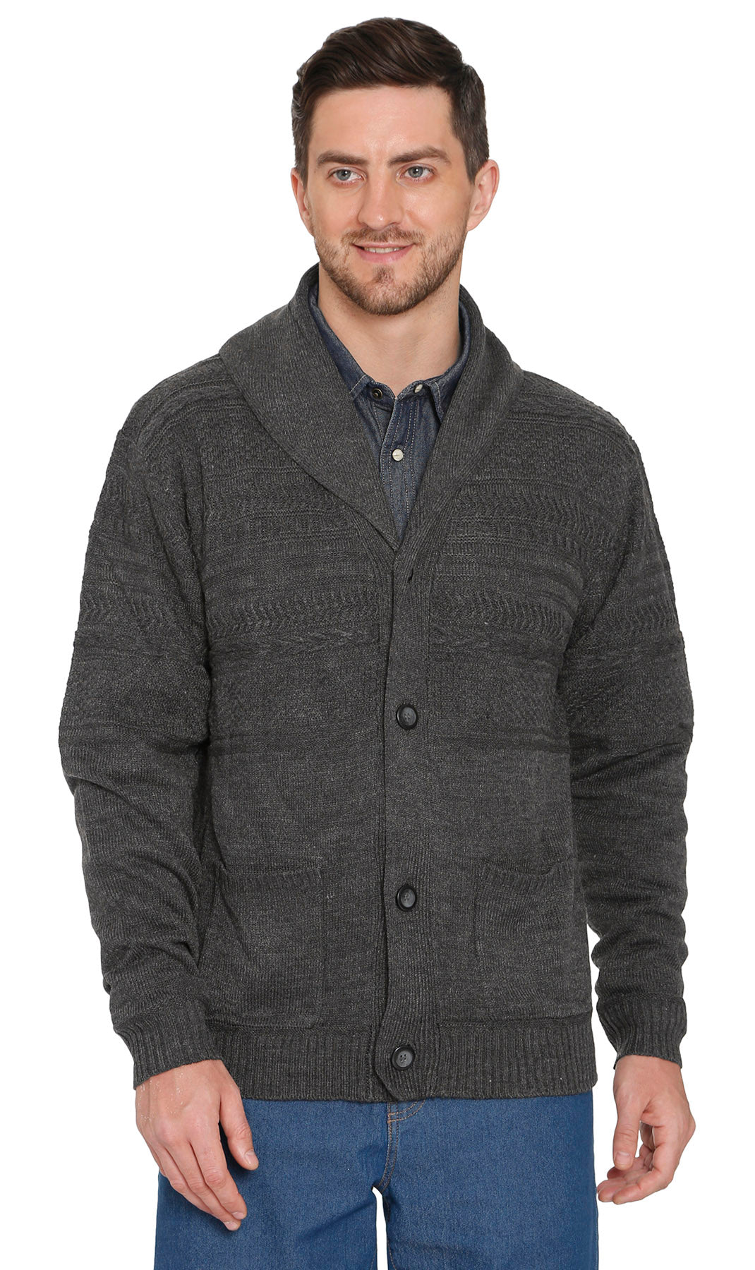 Jacquard Knit Shawl Collar Cardigan