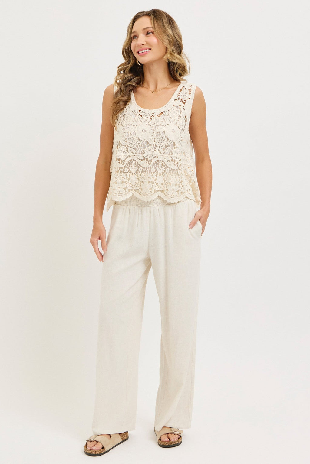 Smock Wasit Lined Blend Wide Leg High Rise Pants