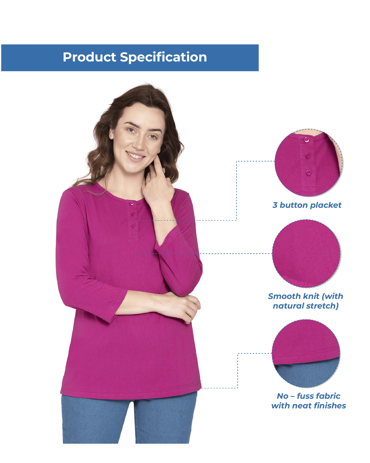 3/4 Sleeve Henley Top - Pendo Store