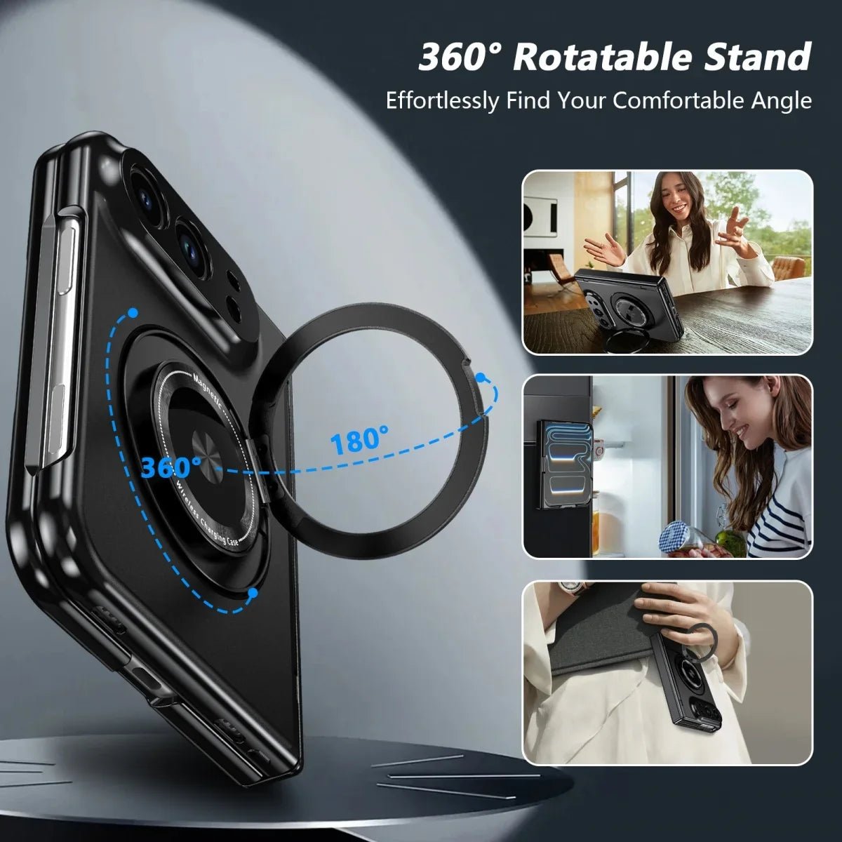 360 Rotatable Stand Magnetic Wireless Charging Phone Case for IPhone Duo Fold Tempered Glass Film Hinge Protective Cover - Pendo Store