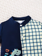 Children's Hat Dinosaur Plaid Button Up Top and Shorts 3-Piece Set