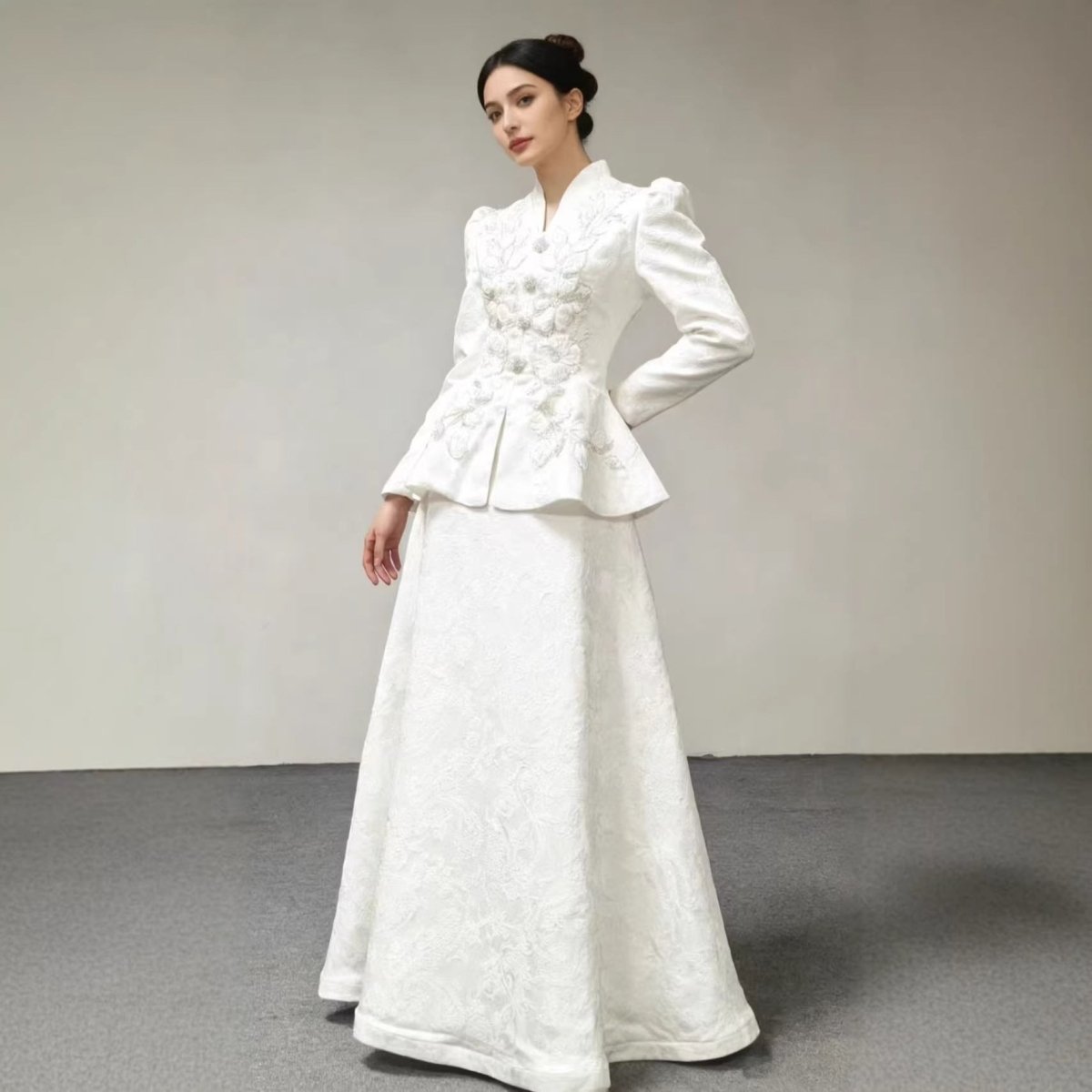 3D Floral Embroidered Peplum Top & Maxi Skirt Set(MS468) - Pendo Store