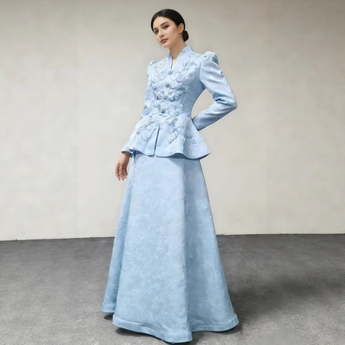 3D Floral Embroidered Peplum Top & Maxi Skirt Set(MS468) - Pendo Store