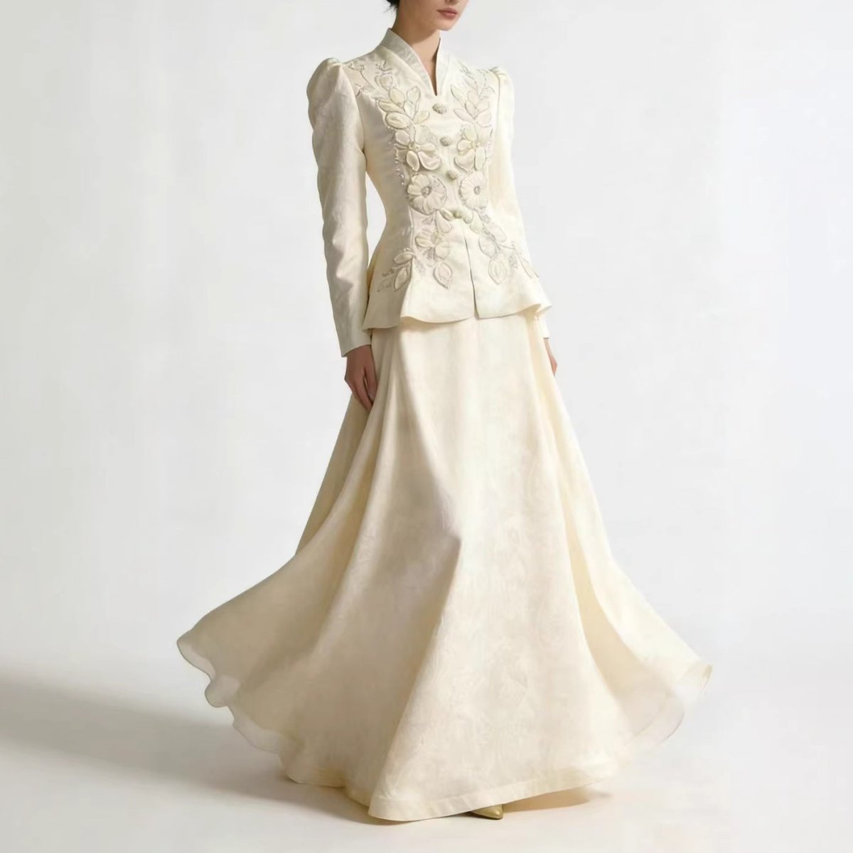 3D Floral Embroidered Peplum Top & Maxi Skirt Set(MS468) - Pendo Store