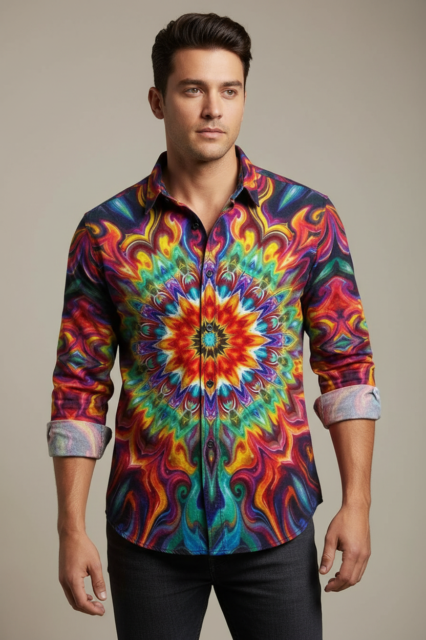 3D Printed Men's Colorful Gradient Collar Long Sleeved Casual Shirt - Pendo Store
