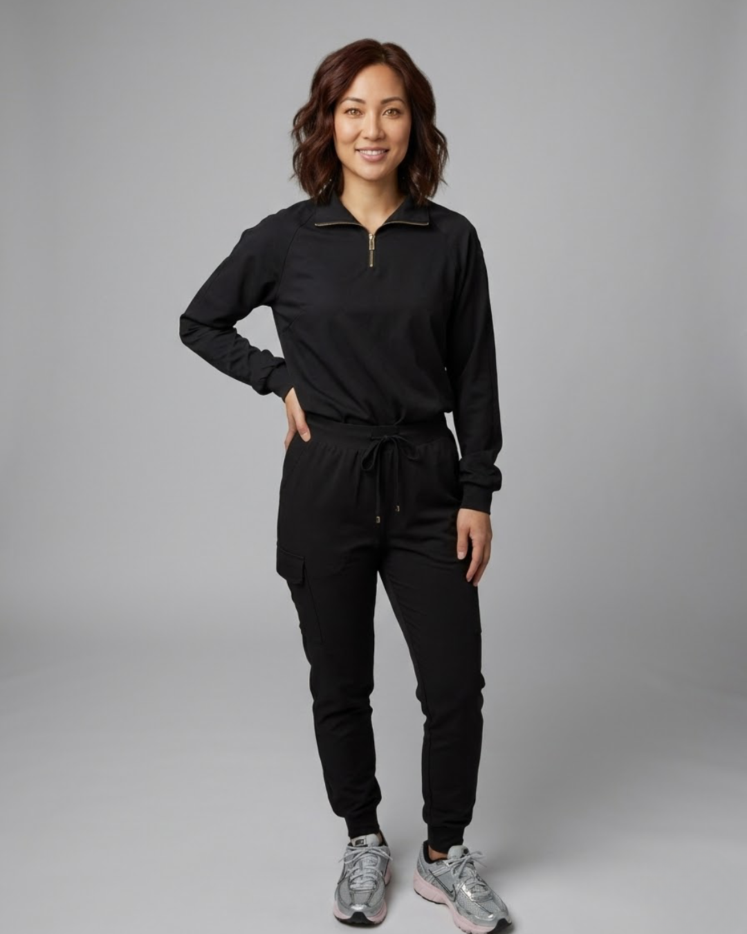 Women's Black Cargo Joggers - Black & Gold Details