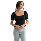 Smocked Peplum Top With Puff Sleeves