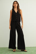 Crinkled Fabric Sleeveless Button Front Top