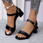 Women Genuine Leather Sandals Low Heel Buckle Strap Ladies Open Toe Black Decoration Summer Leather Open Toe And Ankle Strap Buckle Flat Sandals Casual Beach Shoes