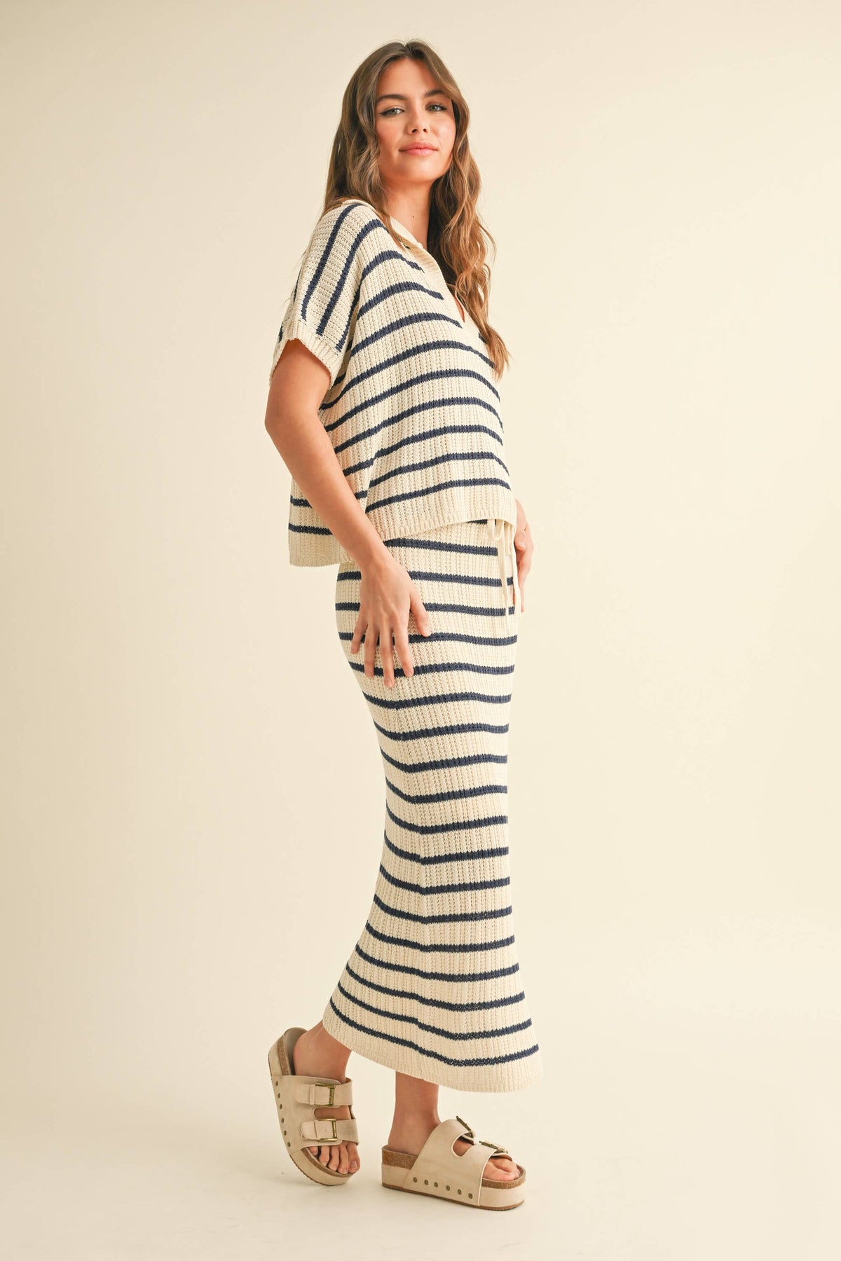 Navy Stripe Collared Short Sleeve Top