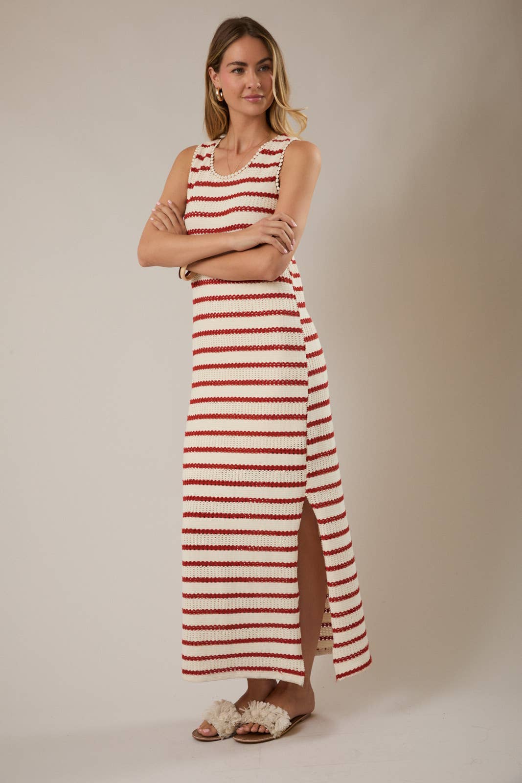 Cream Red Stripe Maxi Dress