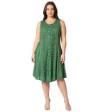 Sakkas Maya Midi Floral Embroidered Sleeveless Button Up Rayon Dress