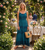 MKY Amy Stonewashed Rayon Embroidered Adjustable Spaghetti Straps Long Dress