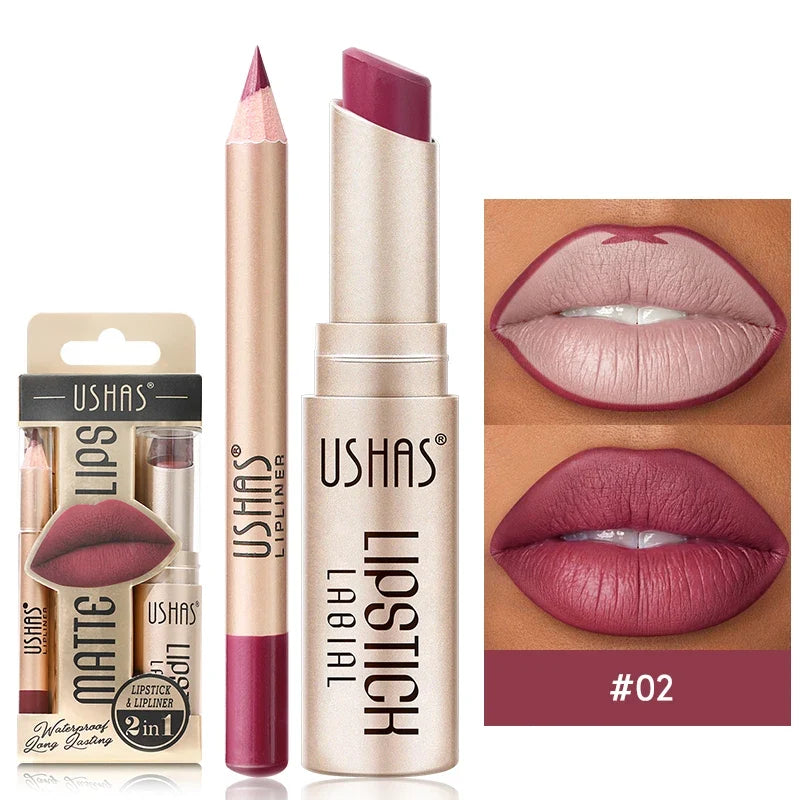 Professional 2PCS Lip Liner Lipstick Set Matte Finish High Pigment Long Lasting Waterproof Sweatproof Cosmetic Beauty Kit