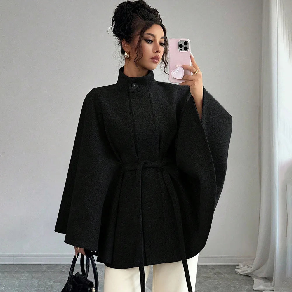 Elegant Tie Waist Wool Blend Coat