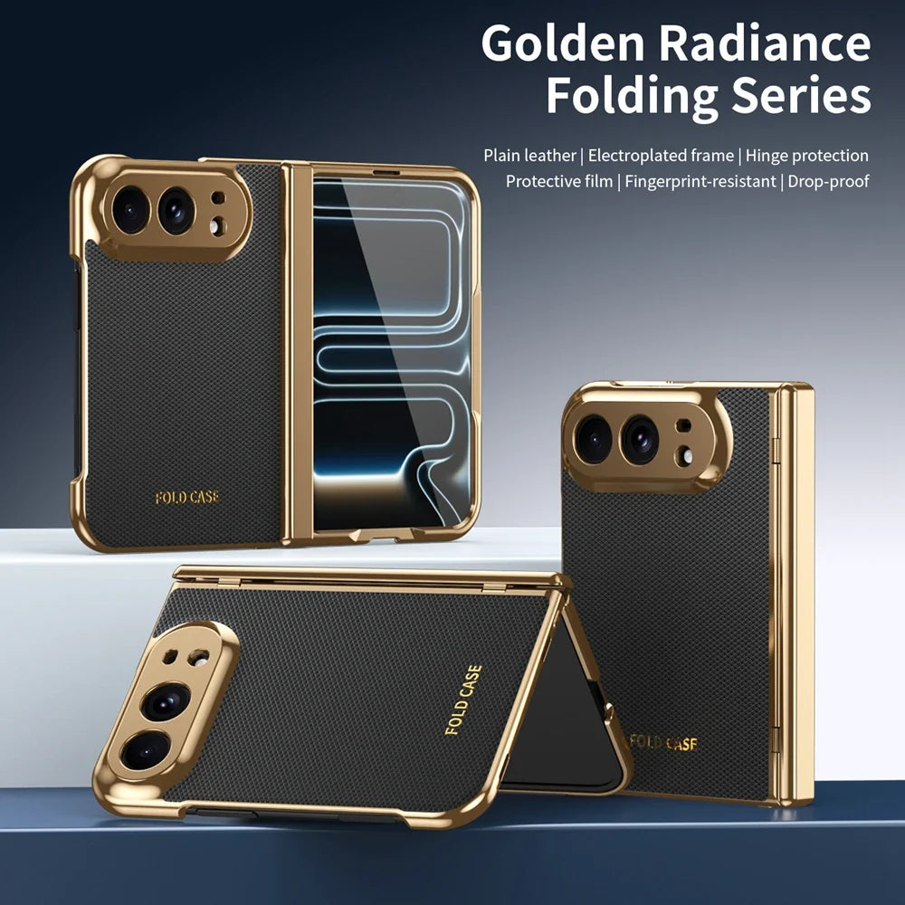 High Quality Plating PU Leather Texture Phone Case for IPhone Duo 5G 2026 with Tempered Glass Screen Protect Shockproof Cover