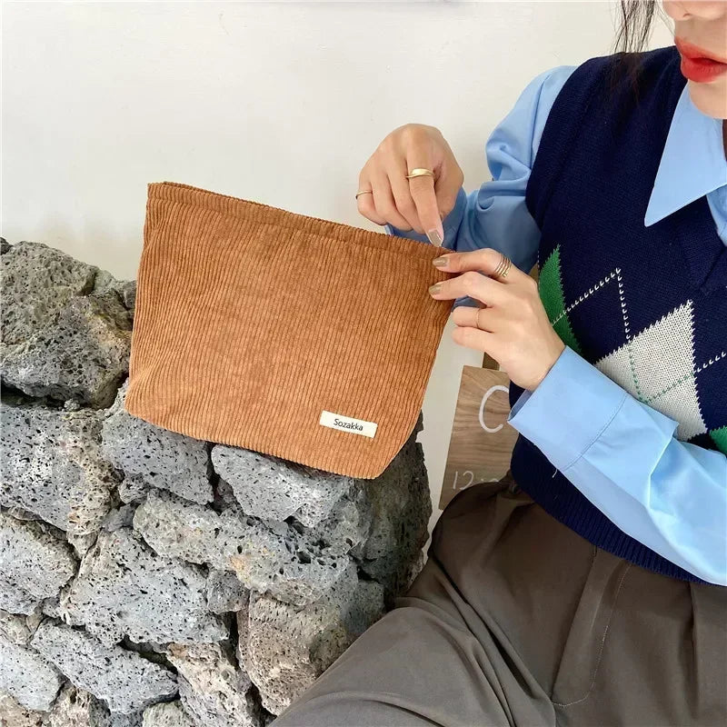 Soft Corduroy Cosmetic Organizer Bag