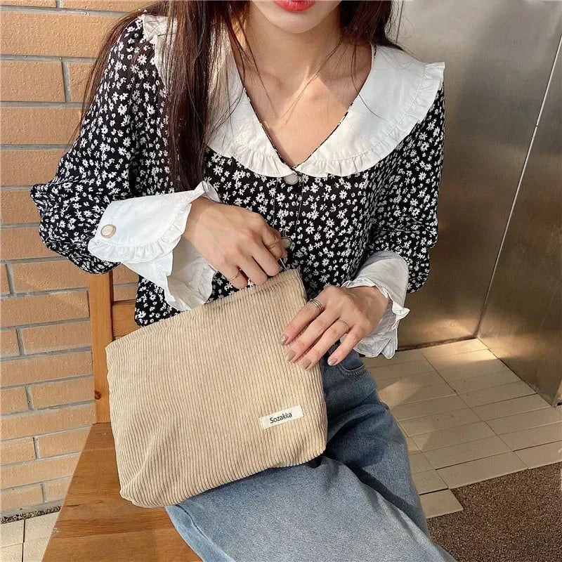 Soft Corduroy Cosmetic Organizer Bag