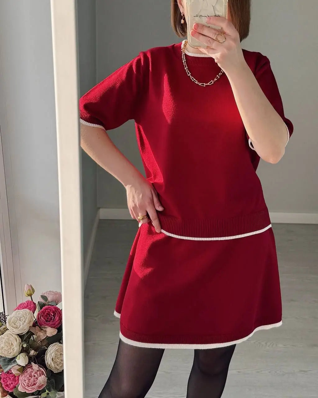 Elegant Knit Top and Skirt Set