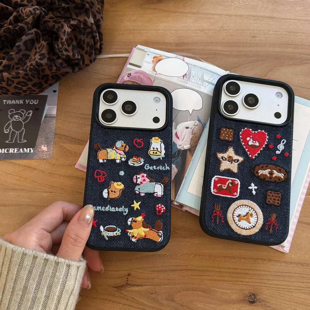 Artisan Denim Phone Case with Korean Embroidered Cartoon Design for iPhone 17 16 Pro 15 14 13 Pro Max