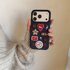 Artisan Denim Phone Case with Korean Embroidered Cartoon Design for iPhone 17 16 Pro 15 14 13 Pro Max