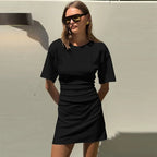 Pleated V-Neck Knee Length Dress