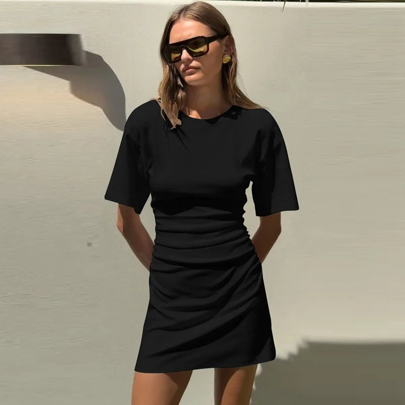 Pleated V-Neck Knee Length Dress