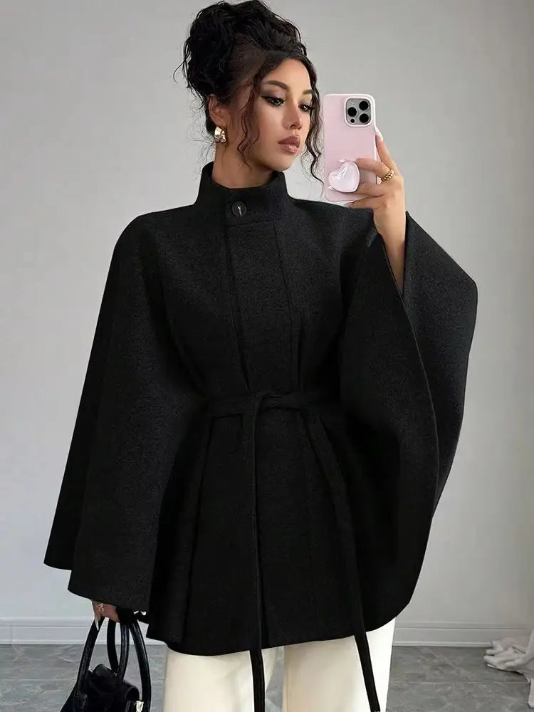 Elegant Tie Waist Wool Blend Coat