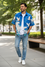 Embossed Flying Crane and Wave Printing Casual Short Sleeved Shirt