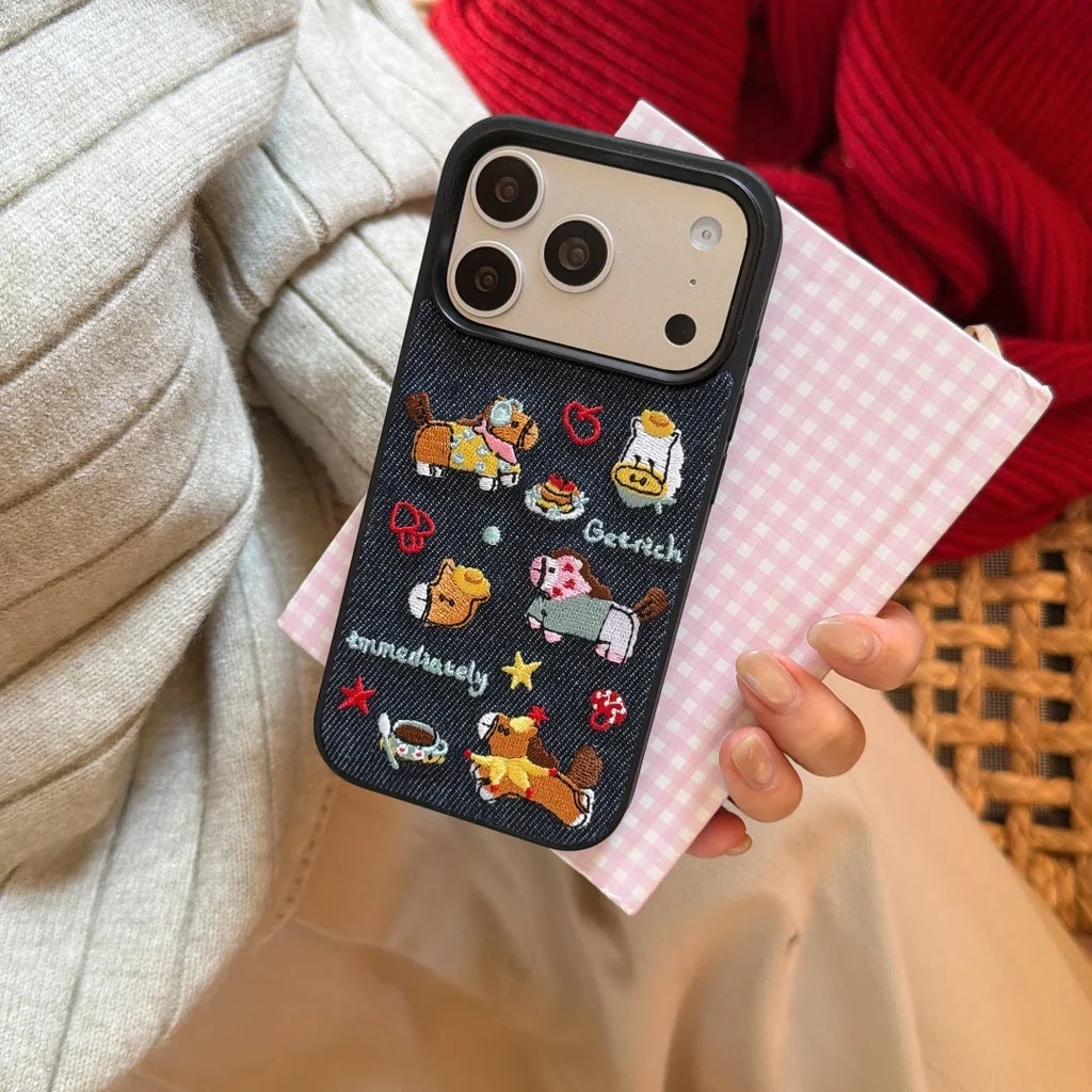 Artisan Denim Phone Case with Korean Embroidered Cartoon Design for iPhone 17 16 Pro 15 14 13 Pro Max