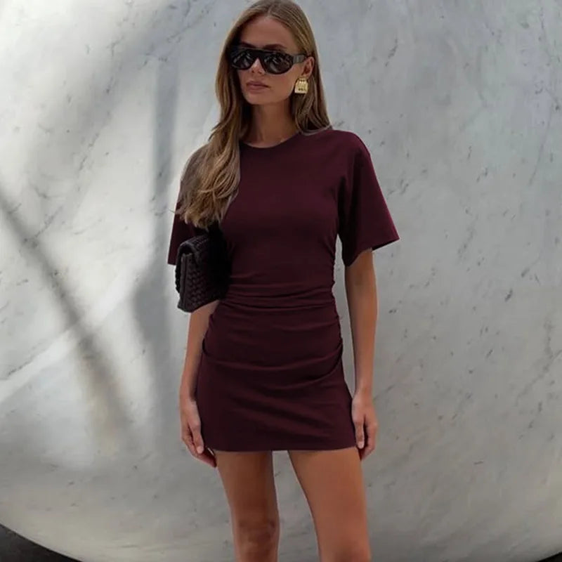 Pleated V-Neck Knee Length Dress