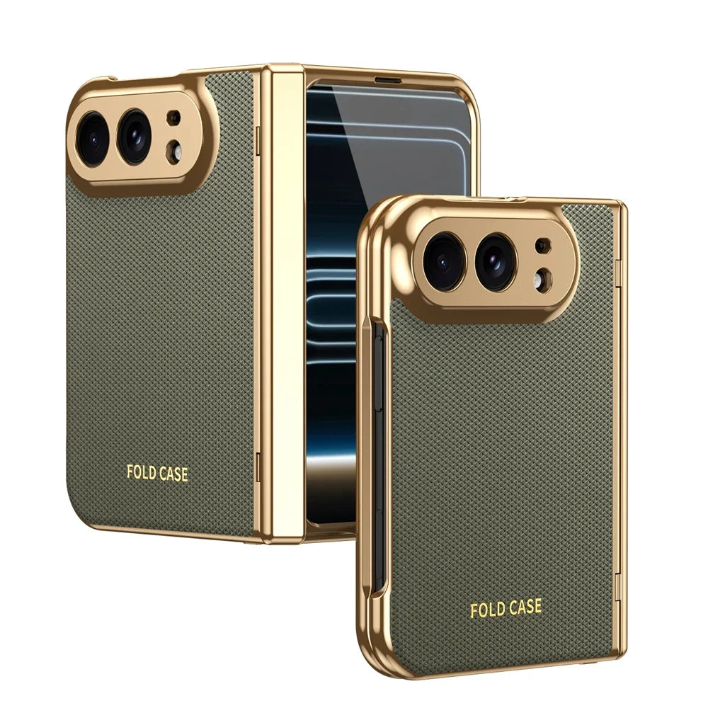 High Quality Plating PU Leather Texture Phone Case for IPhone Duo 5G 2026 with Tempered Glass Screen Protect Shockproof Cover