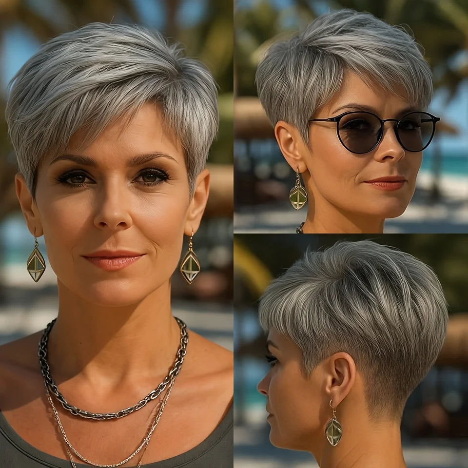 Gray Human Hair Pixie Wig