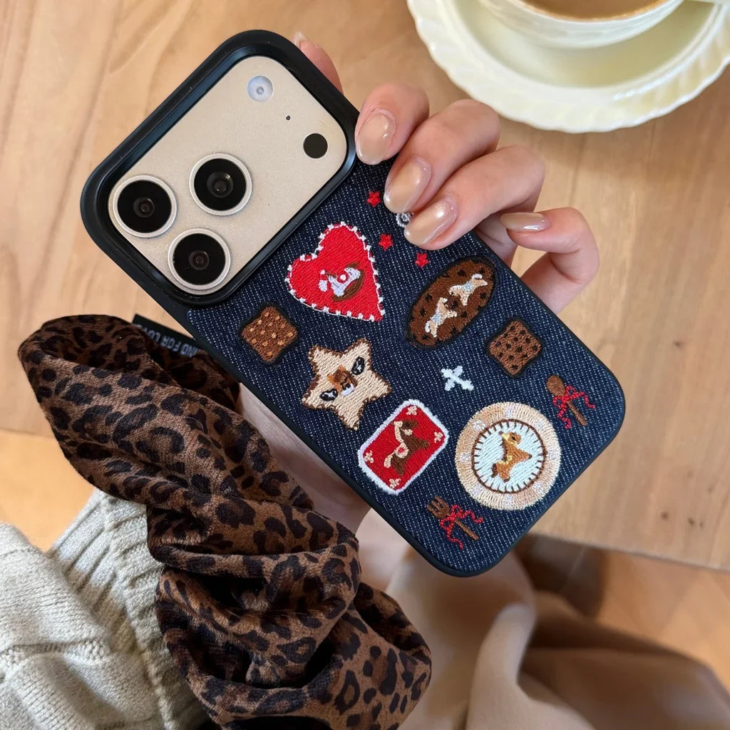 Artisan Denim Phone Case with Korean Embroidered Cartoon Design for iPhone 17 16 Pro 15 14 13 Pro Max