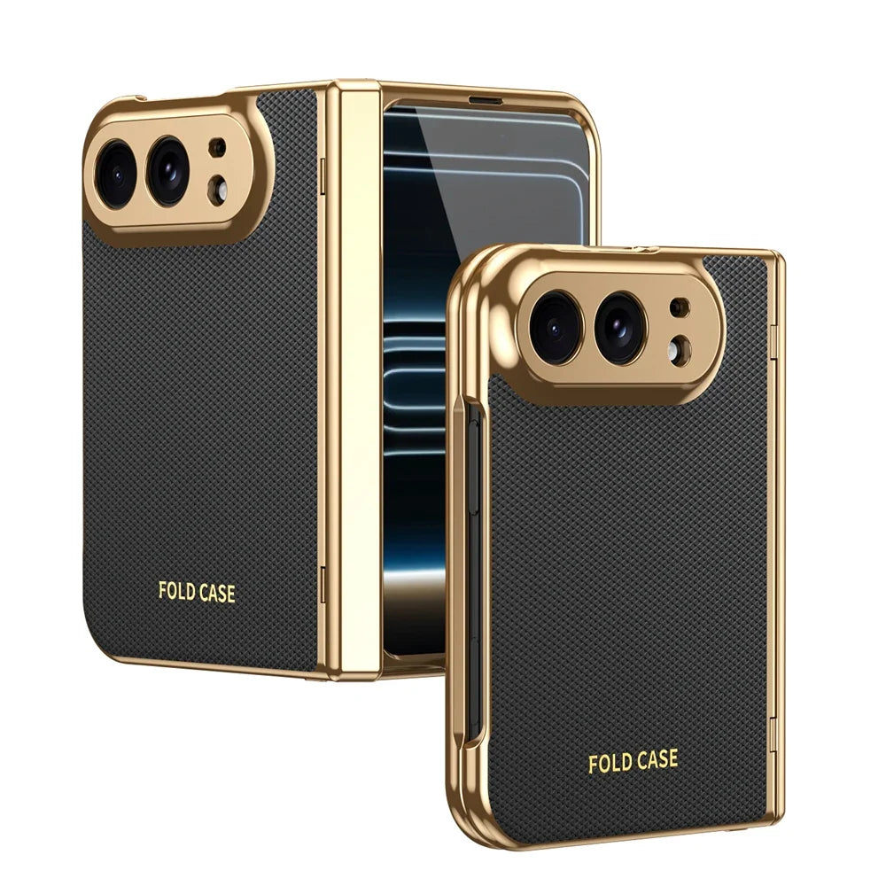 High Quality Plating PU Leather Texture Phone Case for IPhone Duo 5G 2026 with Tempered Glass Screen Protect Shockproof Cover