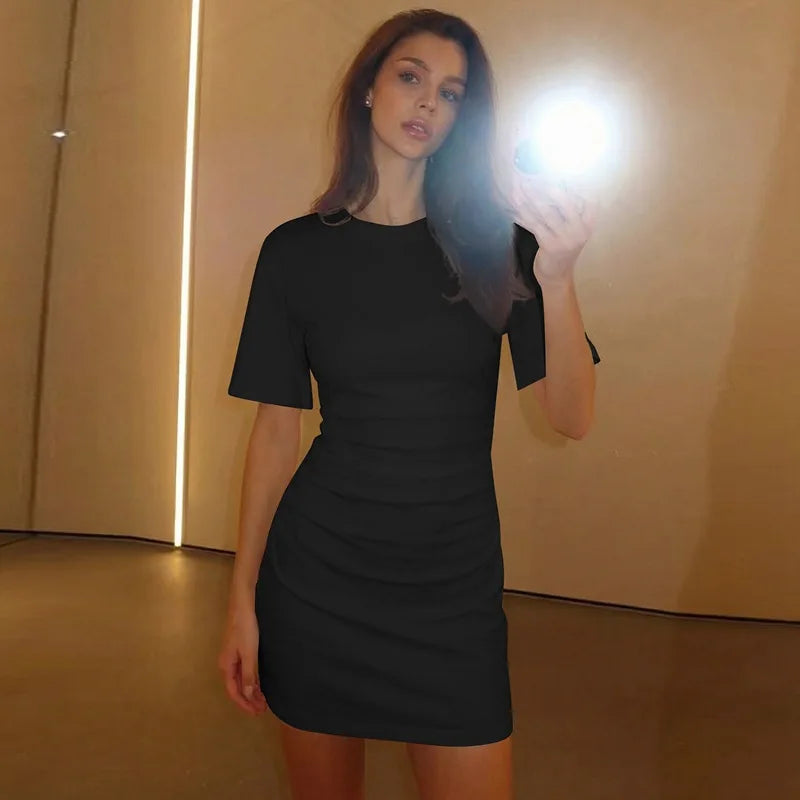 Pleated V-Neck Knee Length Dress
