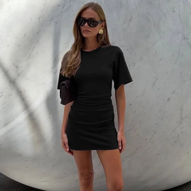 Pleated V-Neck Knee Length Dress