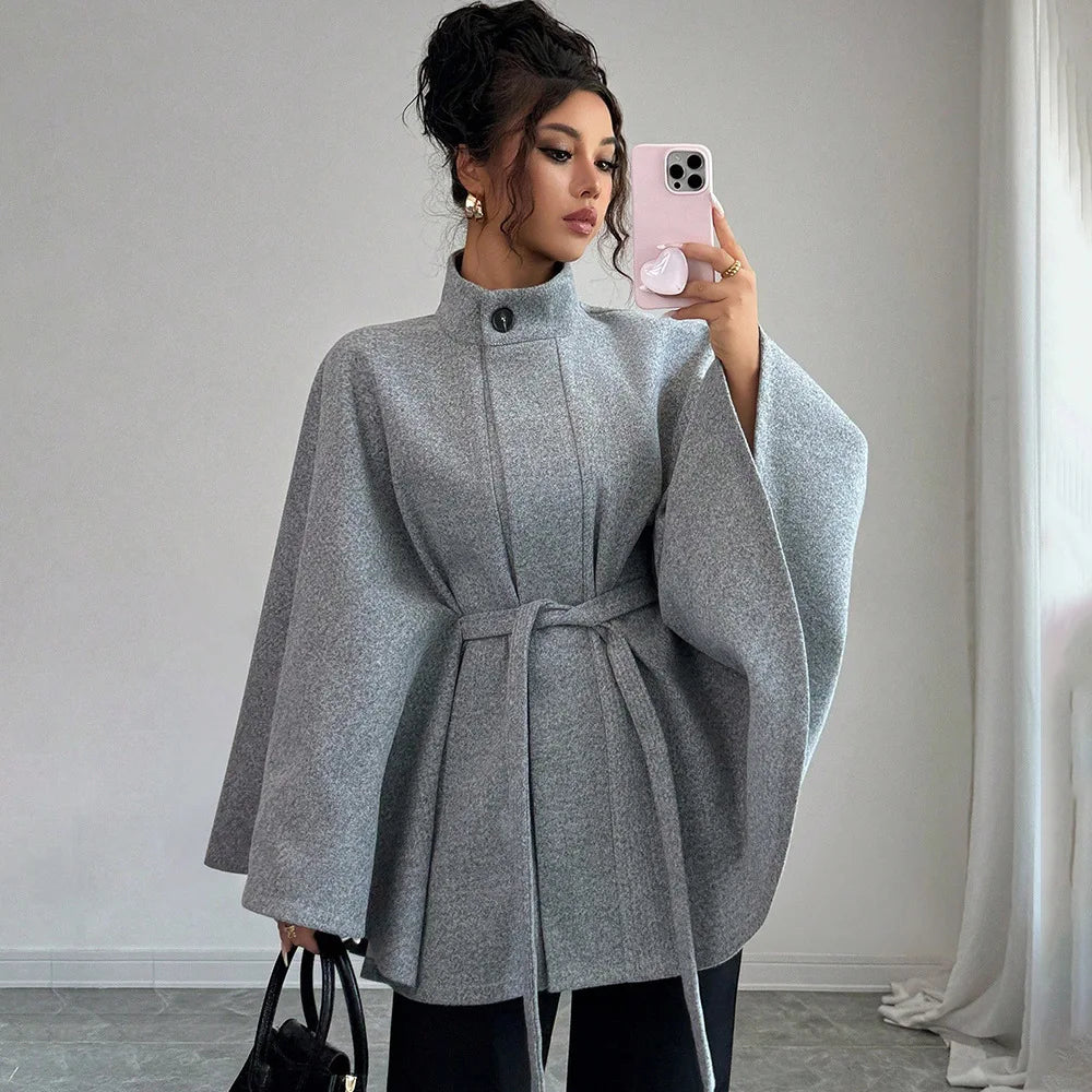 Elegant Tie Waist Wool Blend Coat