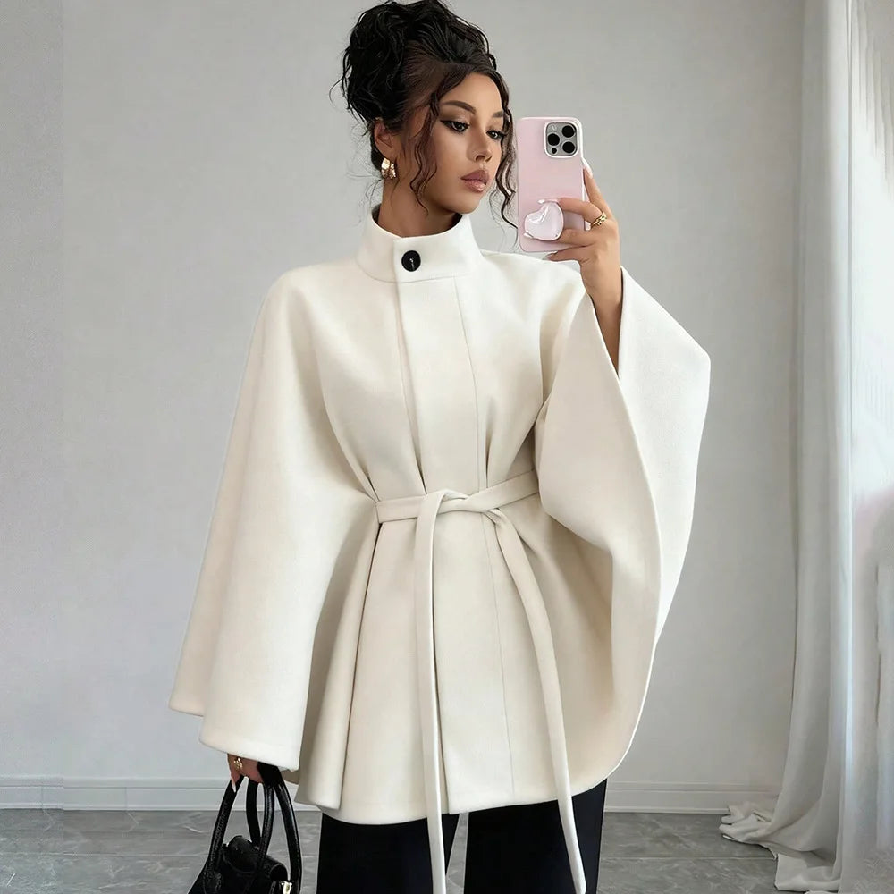 Elegant Tie Waist Wool Blend Coat