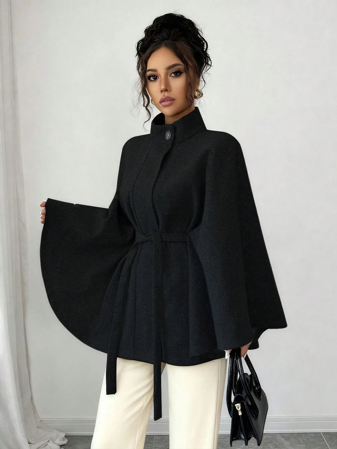 Elegant Tie Waist Wool Blend Coat