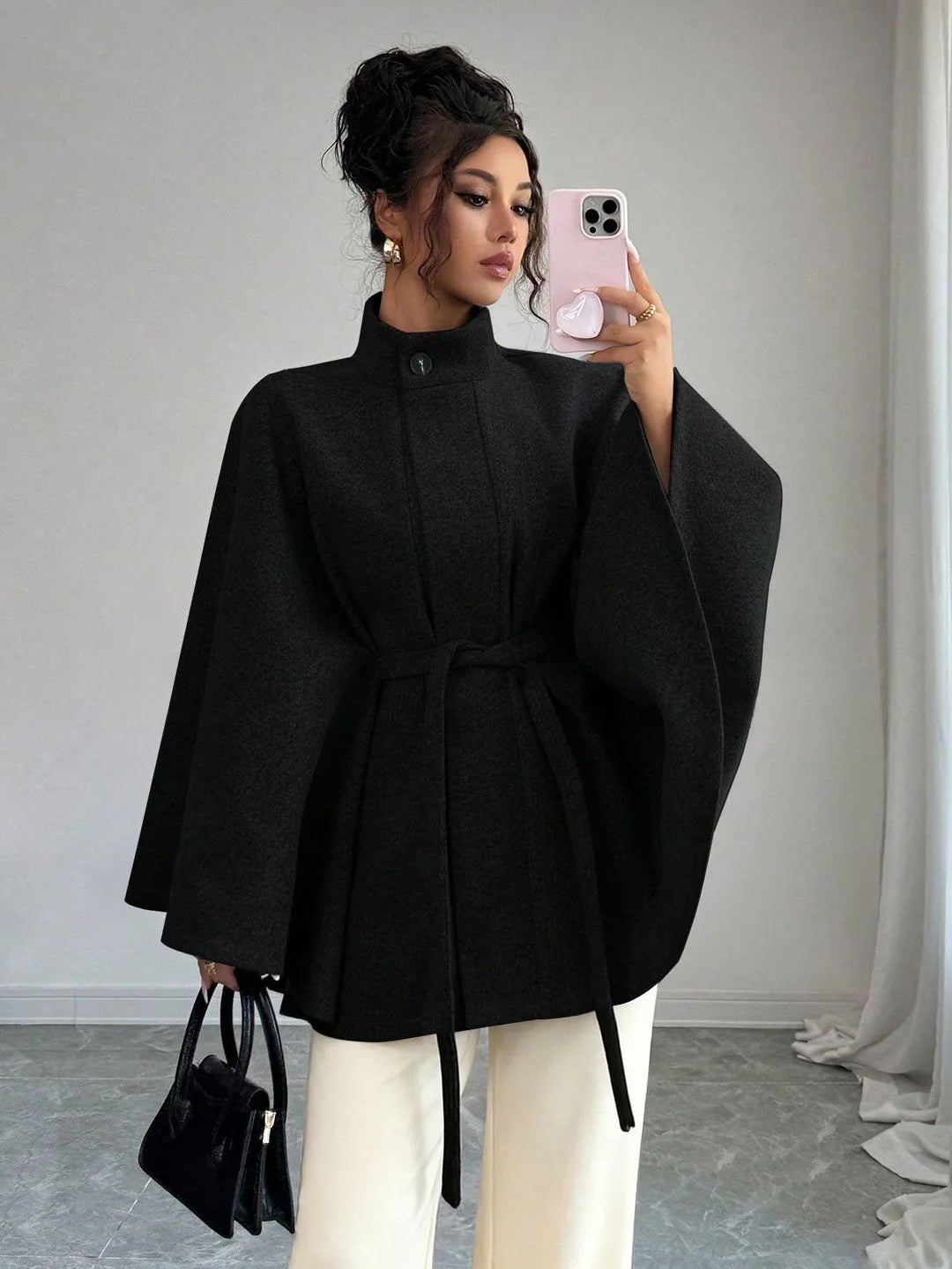 Elegant Tie Waist Wool Blend Coat