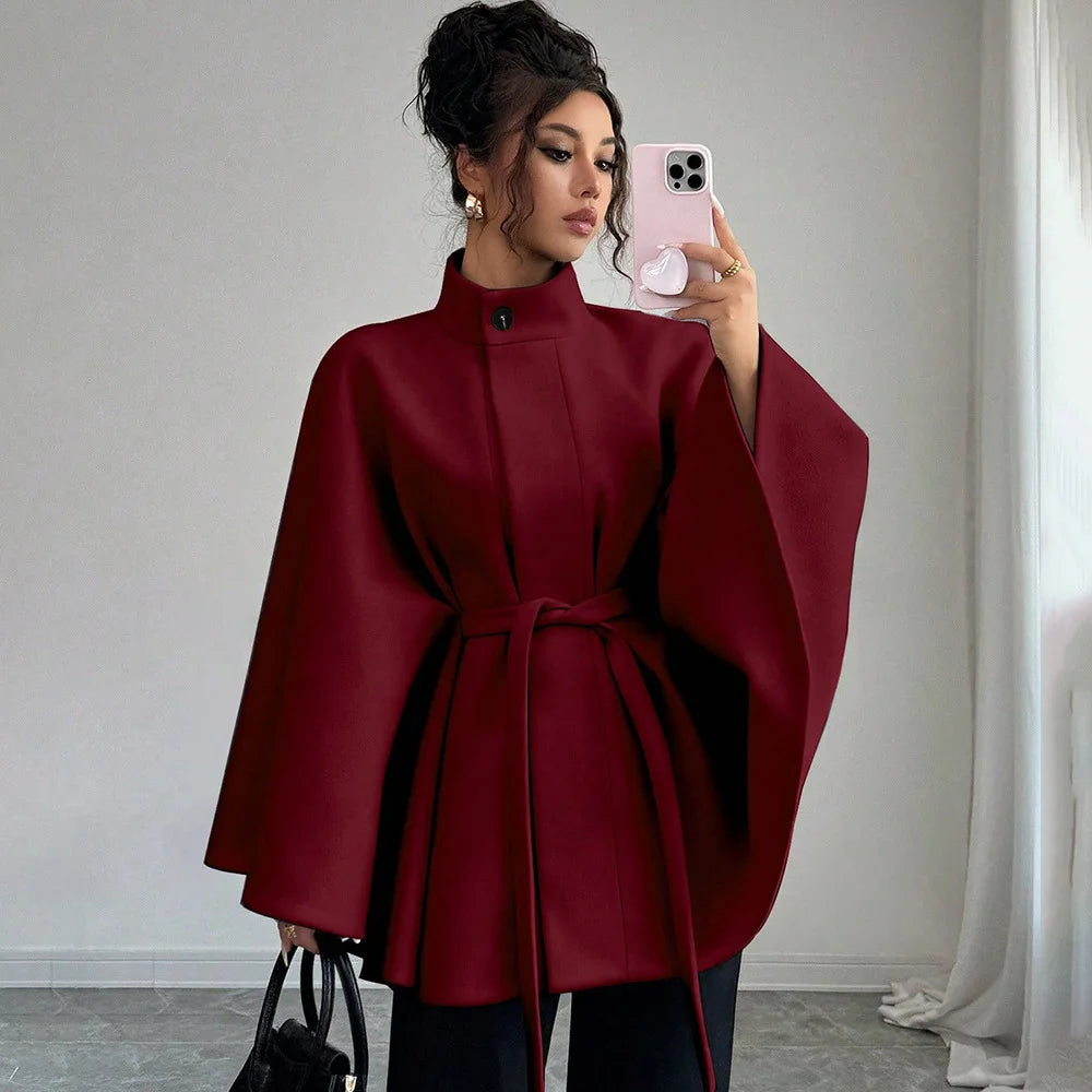 Elegant Tie Waist Wool Blend Coat