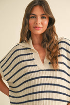 Navy Stripe Collared Short Sleeve Top